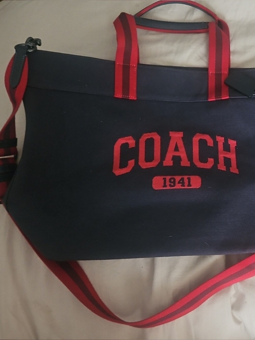 Coach Navy Canvas Duffel with Red Accents